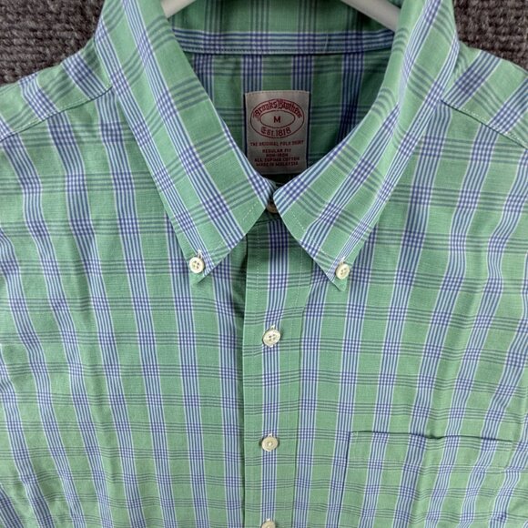 Brooks Brothers Cotton Plaid Non-Iron Medium Button-Down Green Business Pocket - Picture 1 of 13